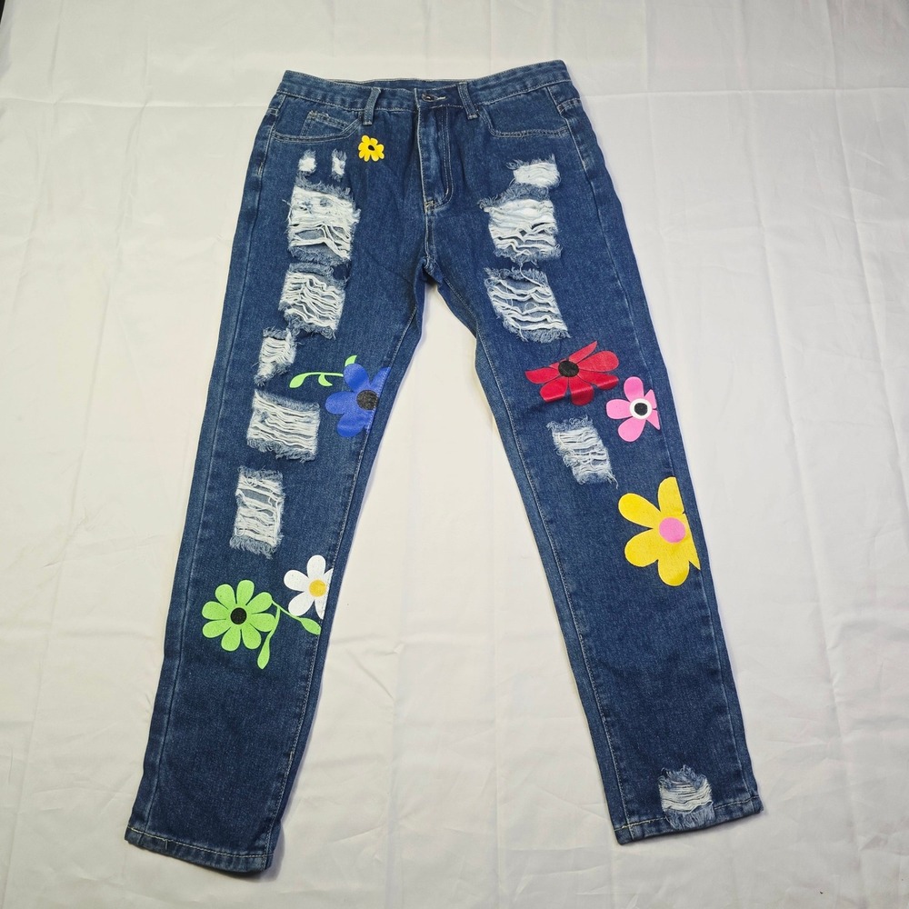 Women's Distressed Flower Patch Jeans Size Small Blue Ripped Floral Denim K47
